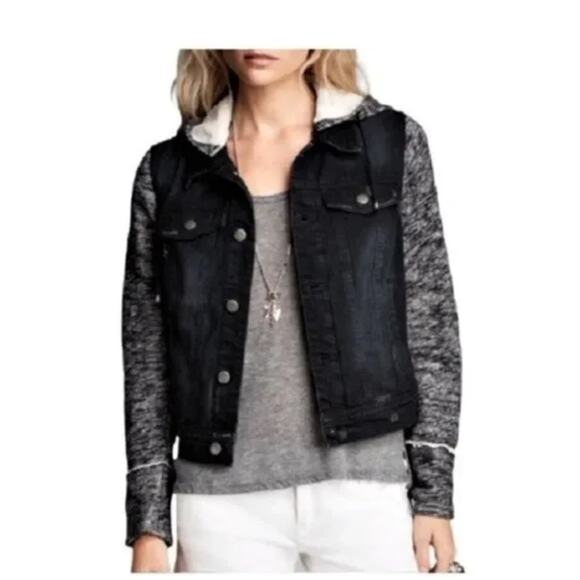 Free People Denim & Knit Distressed Hoodie Jacket SZ XS/S - Picture 8 of 8